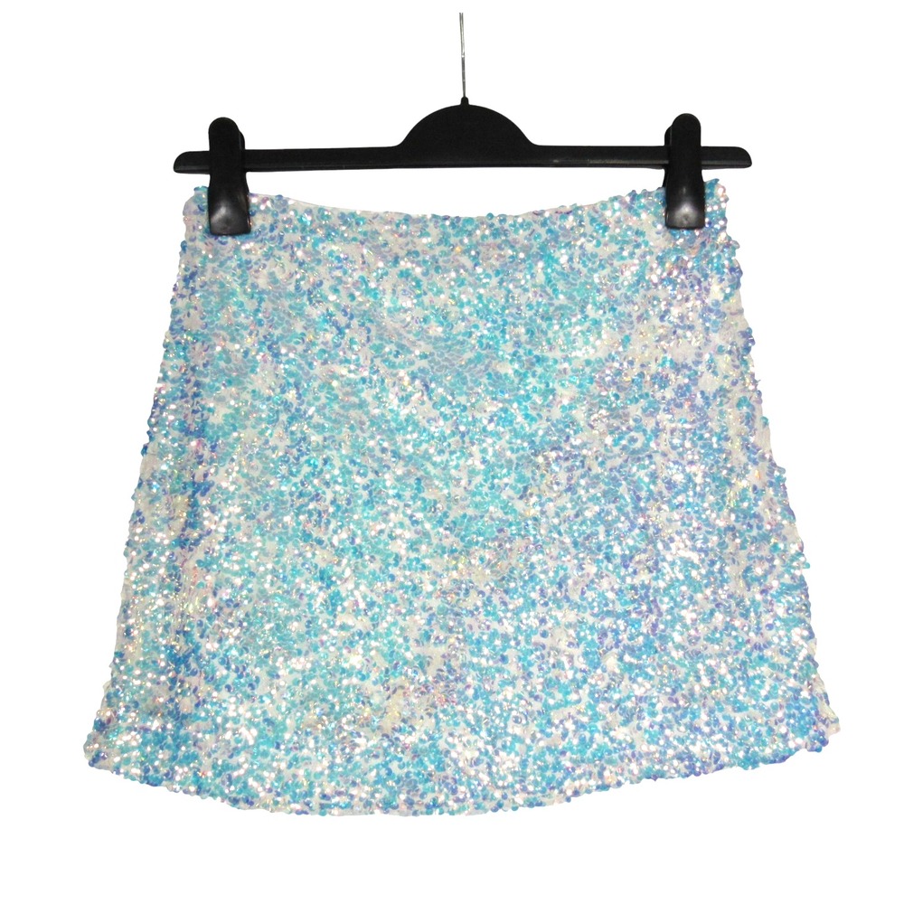 NWT ENDLESS ROSE Lined IRIDESCENT BLUE/CLEAR SEQUINS Side Zip MINI PARTY SKIRT M